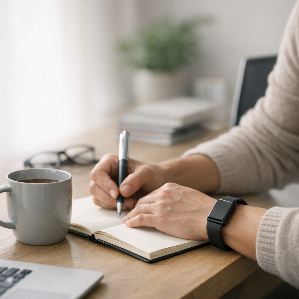 Рабочий стол с кружкой и трекером