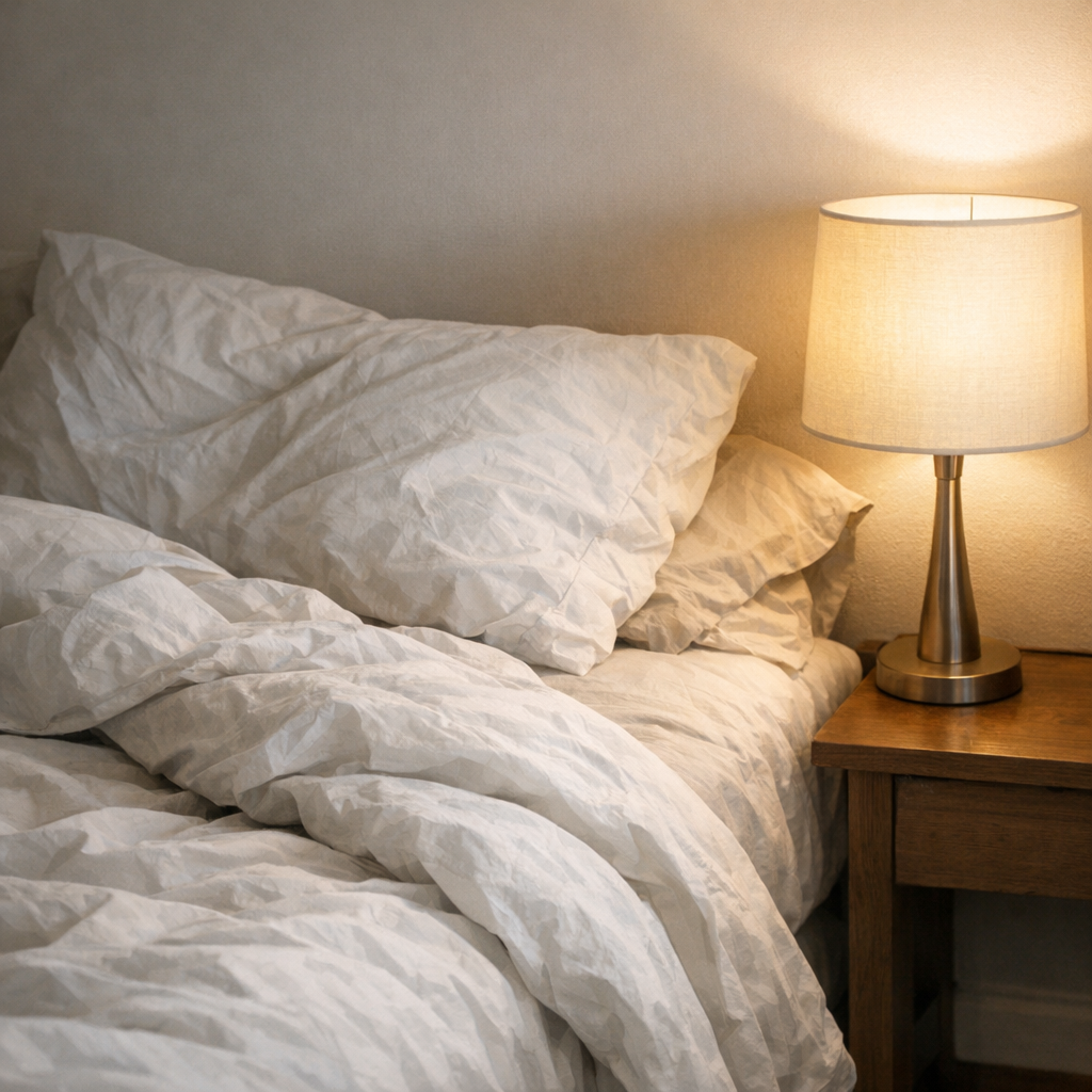 Человек сидит на краю кровати утром