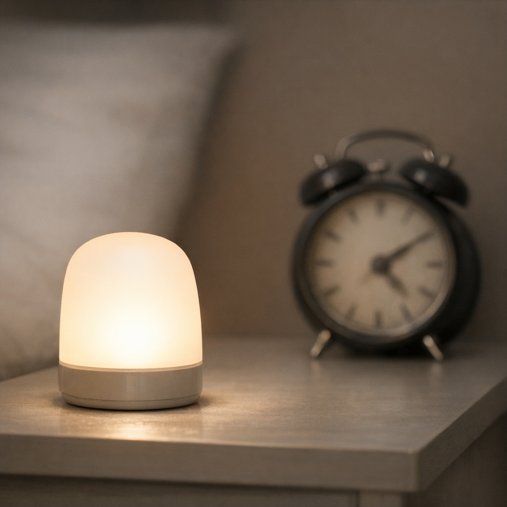 Ночной свет у кровати и часы на тумбе