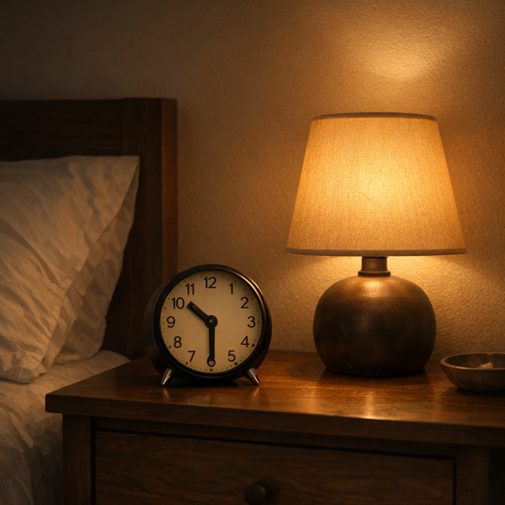Ночной свет у кровати и часы на тумбе