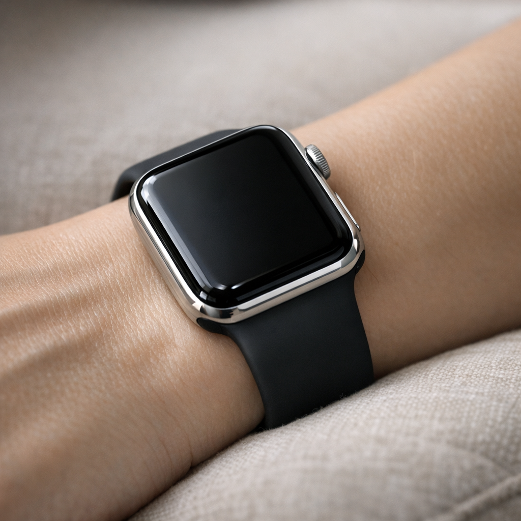 Рука с трекером на подушке в спокойной обстановке