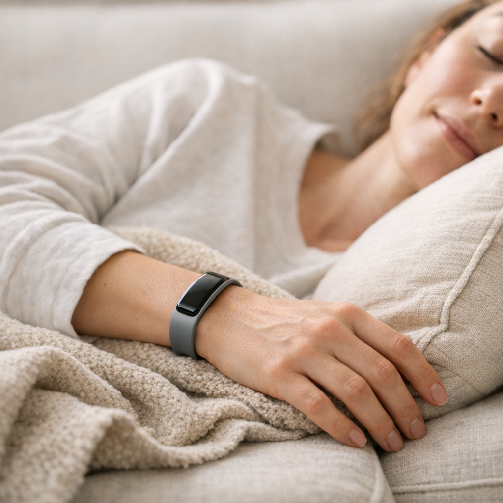 Рука с трекером на подушке в спокойной обстановке