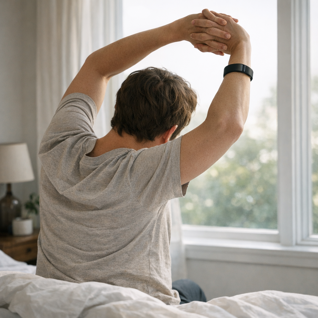Утреннее потягивание с трекером на руке
