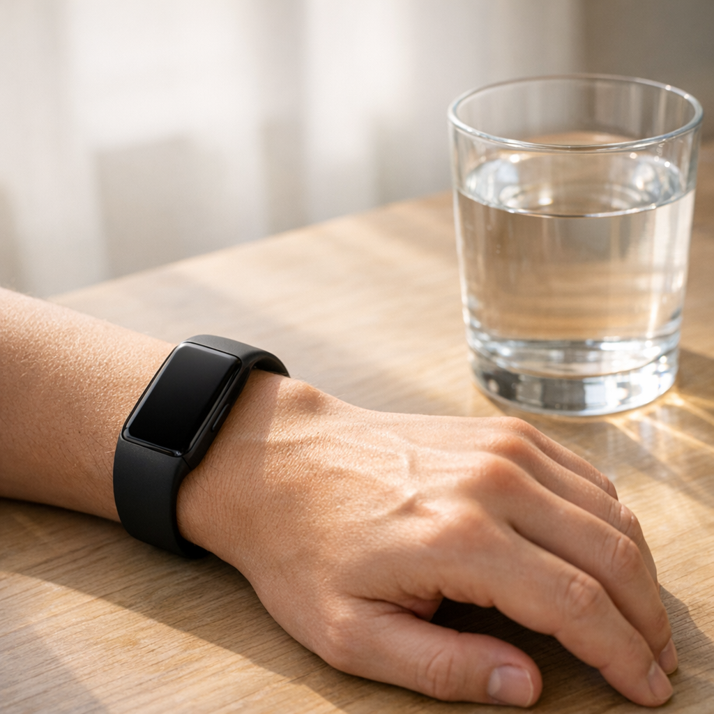Рука с трекером рядом со стаканом воды
